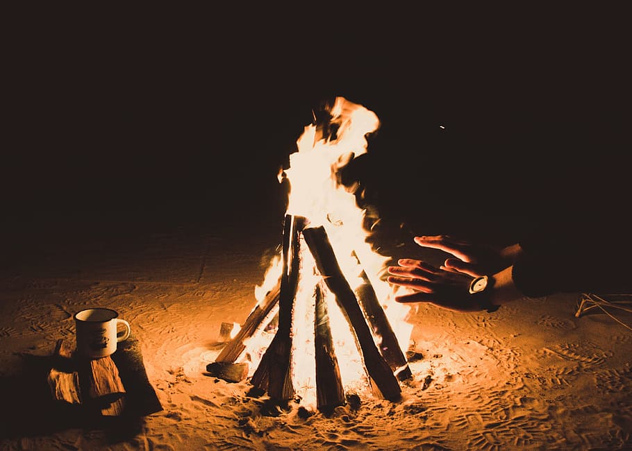 bonfire during nighttime, fire, flame, bonfire, campfire, dark, night, heat, firewood, beach