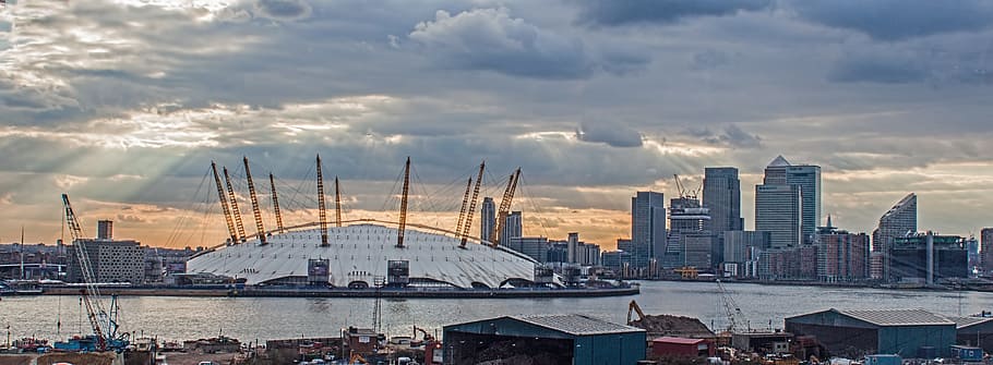 stadium under sunset, o2, stadium, london, dome, architecture, river, modern, landmark, sky