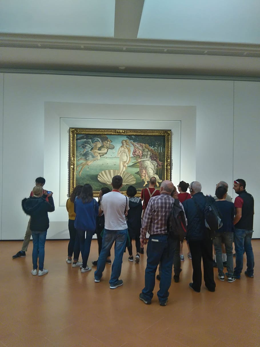 the birth of venus, botticelli, art, masterpiece, uffizi, florence, people, group of people, architecture, real people