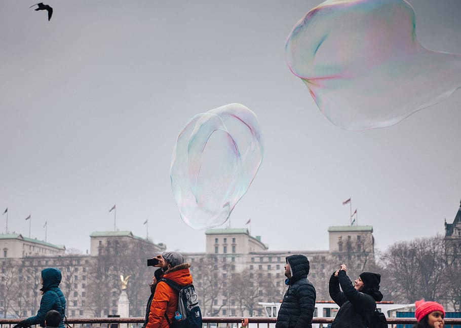 people, bubbles, camera, photography, cold, weather, coat, establishment, building, urban
