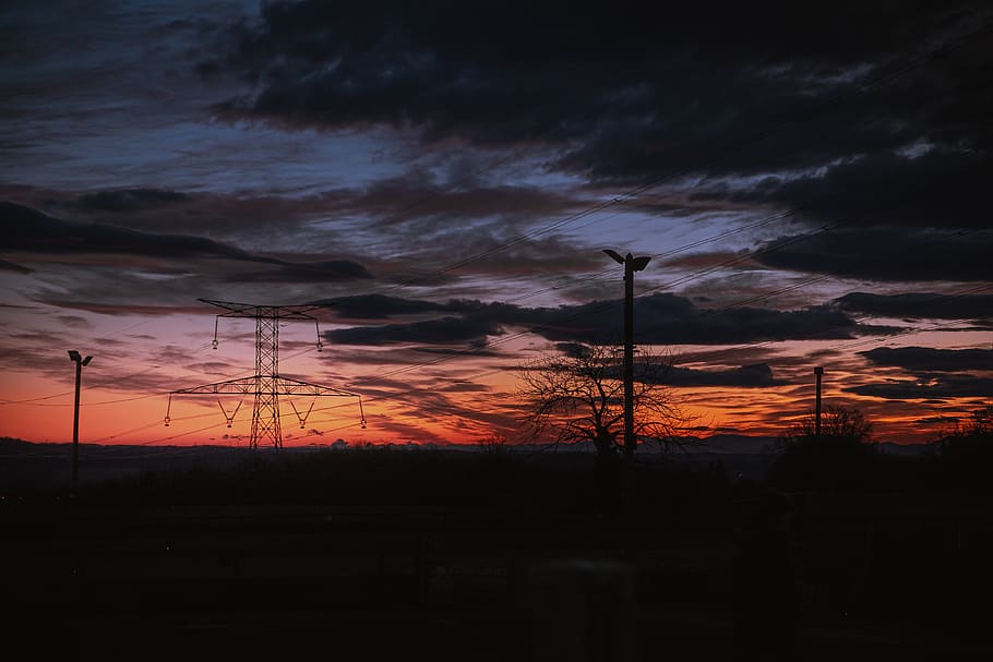 sunset, pylon, sky, orange, cable, industry, nature, line, voltage, sun