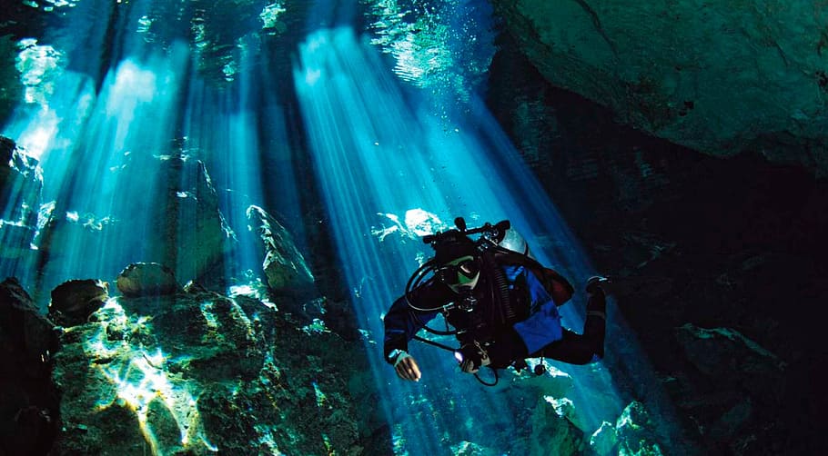 orang, menyelam, bawah air, sinar matahari, cenote, yucatan, laut, olahraga, air, eksplorasi