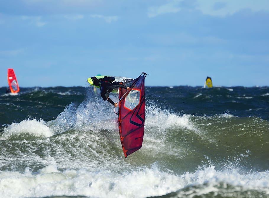 wind surfing, wave, goiter, beach, sea, water, motion, sport, adventure, aquatic sport