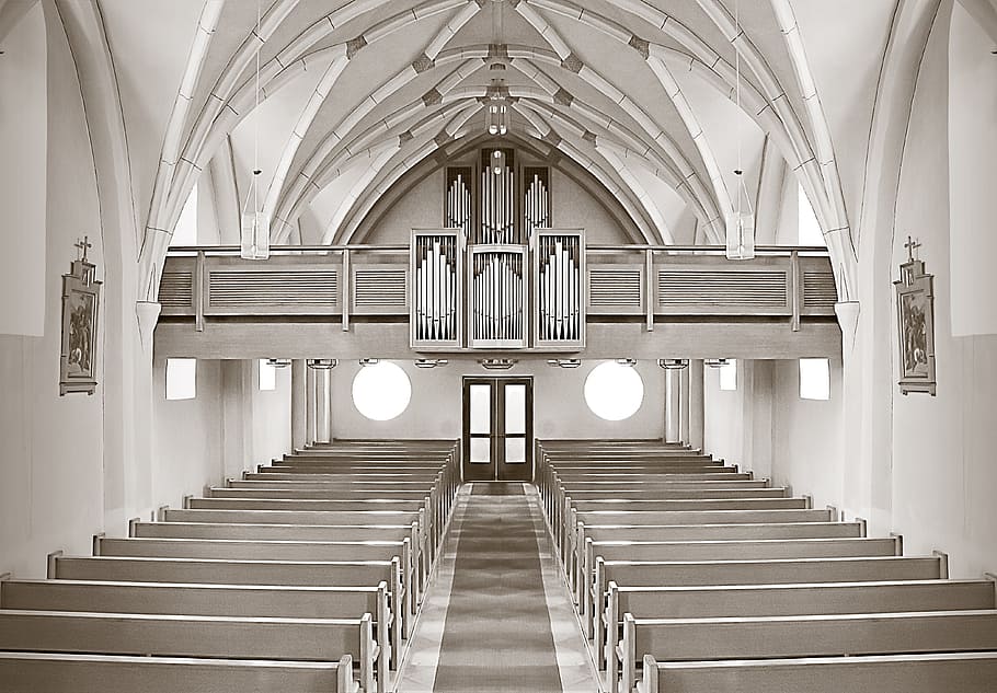 grayscale photo, church hallway, church, altar, building, germany, architecture, indoors, built structure, arch