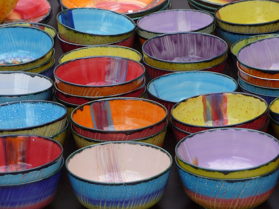 container, handmade, pottery, ceramic, bowls, large group of objects, choice, multi colored, market, backgrounds