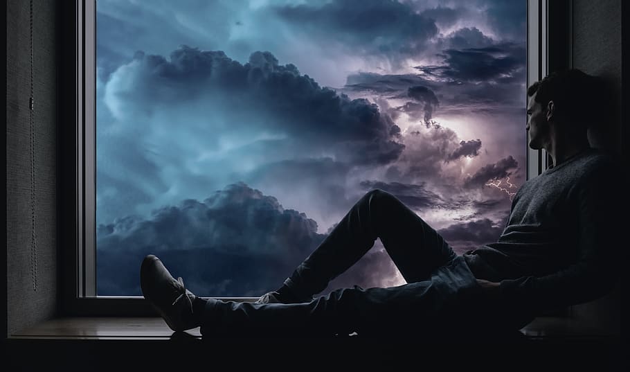 man, window, clouds, dreams, view, dream, relaxed, relaxation, thunderstorm, dark