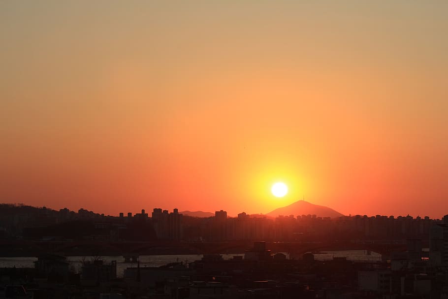 puesta de sol, Seúl, resplandor, río Han, paisaje, República de Corea, la luz del atardecer, cielo, ciudad, arquitectura