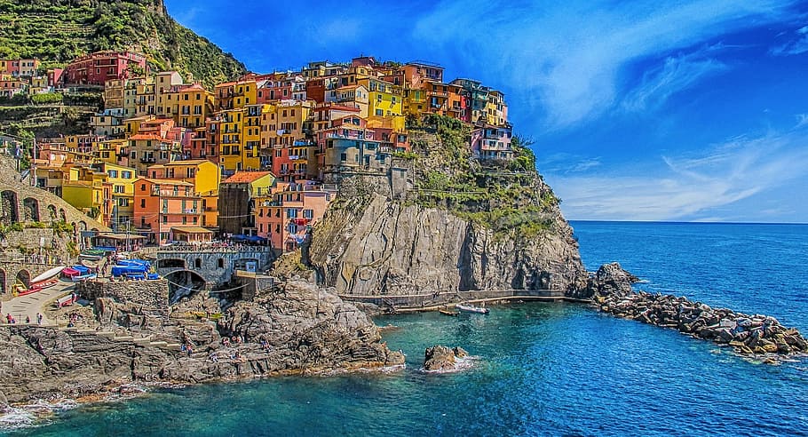 buildings, hill, sea painting, italy, houses, color, colorful houses, architecture, sea, the sky