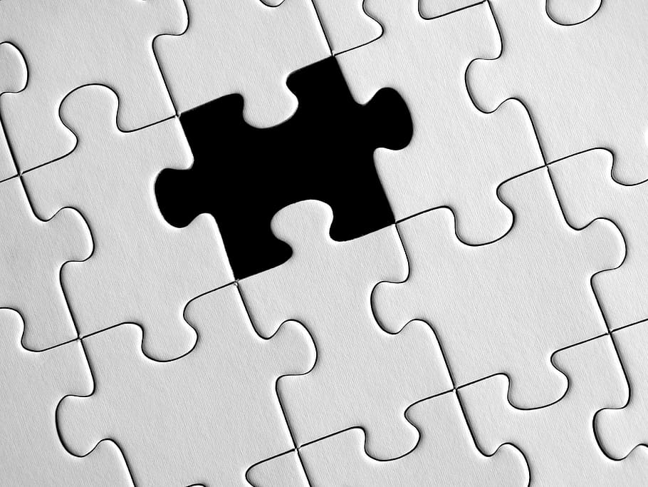 teka-teki jigsaw putih, puzzle, partikel yang hilang, bagian terakhir, demarkasi, kecocokan tepat, elemen terakhir, celah, absen, teka-teki jigsaw