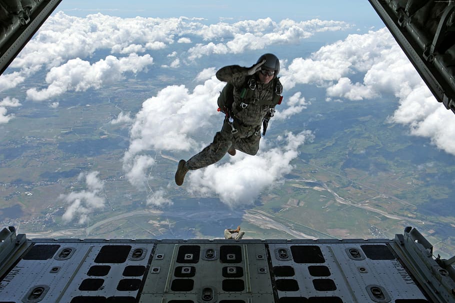 saltador de céu, saltou, ar, no ar, soldado, tarefa, nuvem, voador, meio do ar, pulando
