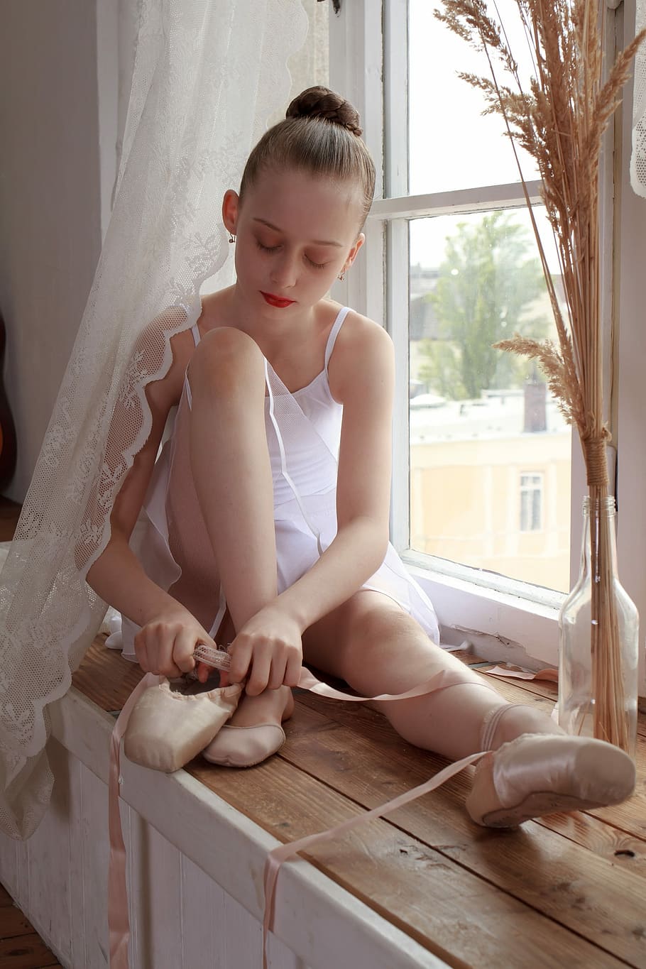 balerina, sepatu, jendela, balet, aktif, keseimbangan, olahraga, senam, gadis, muda
