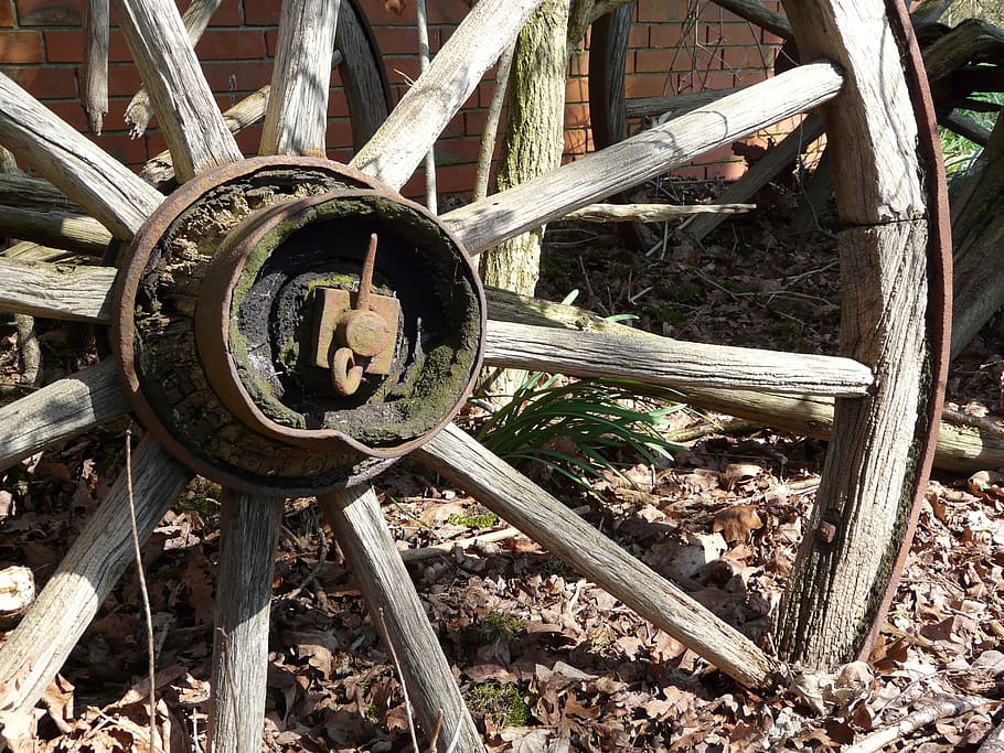 roda de carroça, velho, roda de madeira, roda de carroça velha, agricultura, roda, cubo, enferrujado, anteriormente, raios