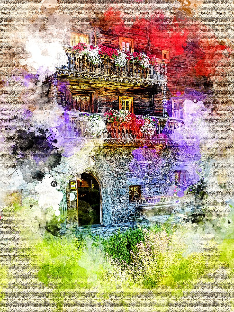 farmhouse, photo manipulation, watercolour, embroidery, summer, balcony, flowers, facade, feel good, built structure
