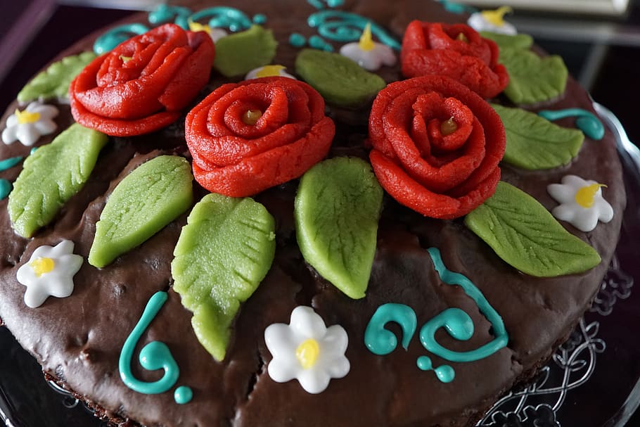 bolo, delicioso, rosas, decoração, comer, chocolate, flor, doce, festival, festa