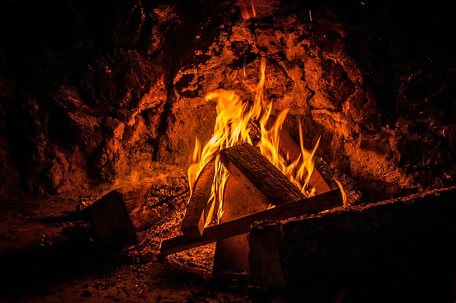 foto, hoguera, noche, fuego abierto, fuego, madera, quemar, resplandor, llama, chimenea