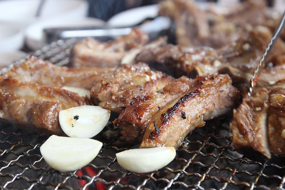 garlic ribs, korean food, fire, light edition, char-grilled, meat, barbecues, camping, grill, spicy ribs
