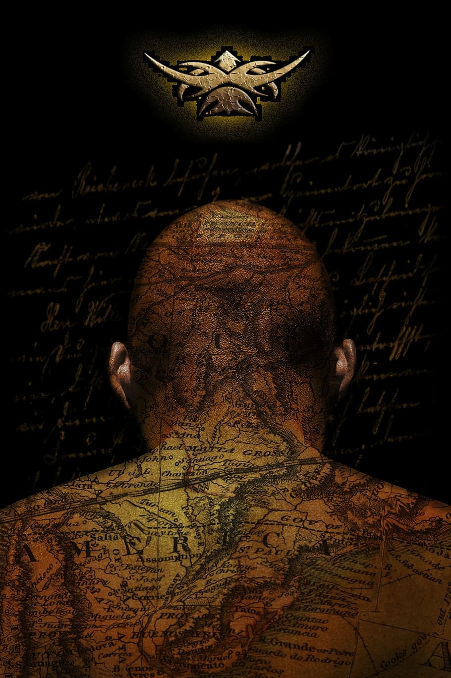 man, map tattoo illustration, bald, head, body, tattoo, mystic, surreal, map, person