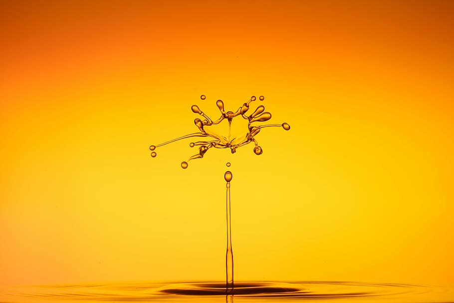 fotografi air, menitik, semprot, air, cairan, setetes air, oranye, percikan air, kuning, drop