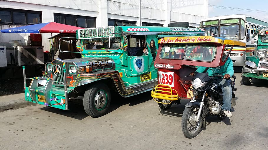 jeepney, street, Philippines, Taxi, Tricycle, Cars, traffic, transportation, outdoors, city