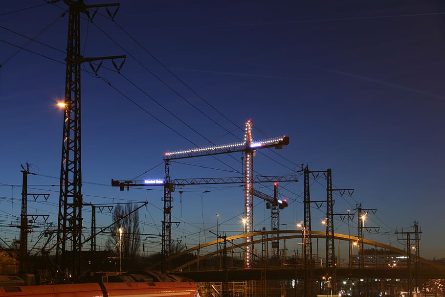 lighted crane, crane, site, baukran, sky, construction work, construction site, leave, energy, wire