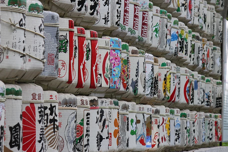 assorted, paper lanterns, hanged, wall, japan, asia, east, sake, botte, drums