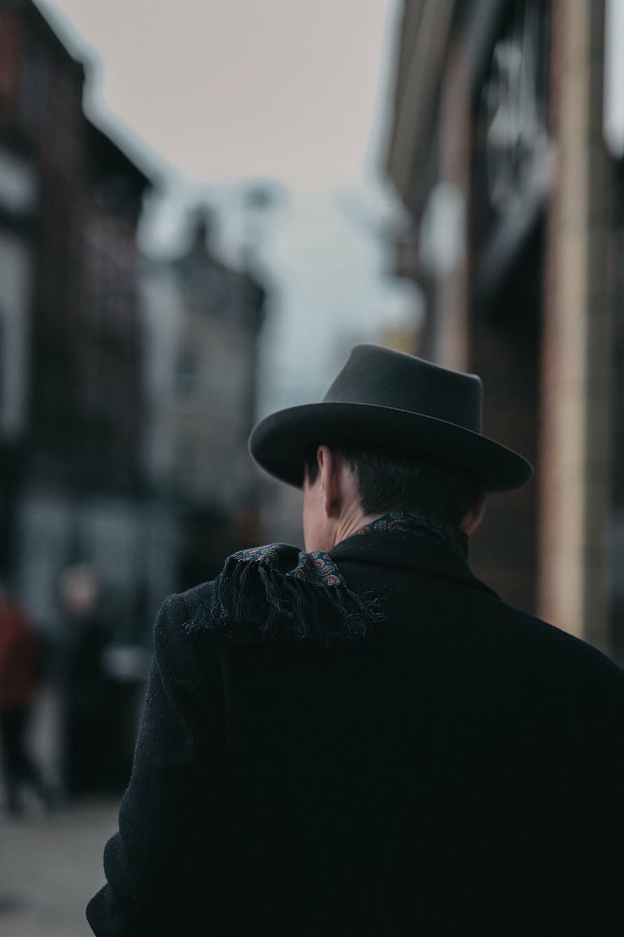 man, black, suit, wearing, fedora hat, blur, people, male, walking, alone