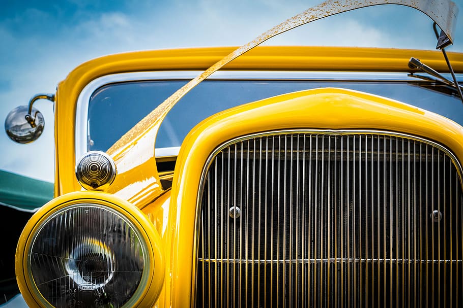 yellow hot rod, vintage, yellow, car, transportation, travel, mode of transportation, land vehicle, headlight, retro styled