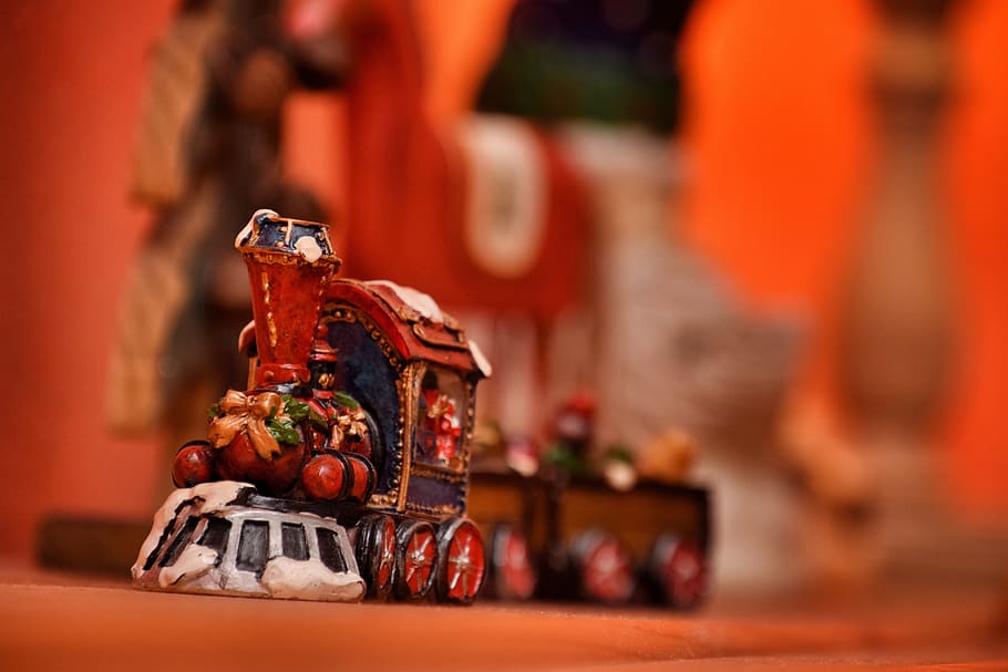 shallow, focus, red, white, train toy, christmas, heat, merry christmas, decoration, festivals