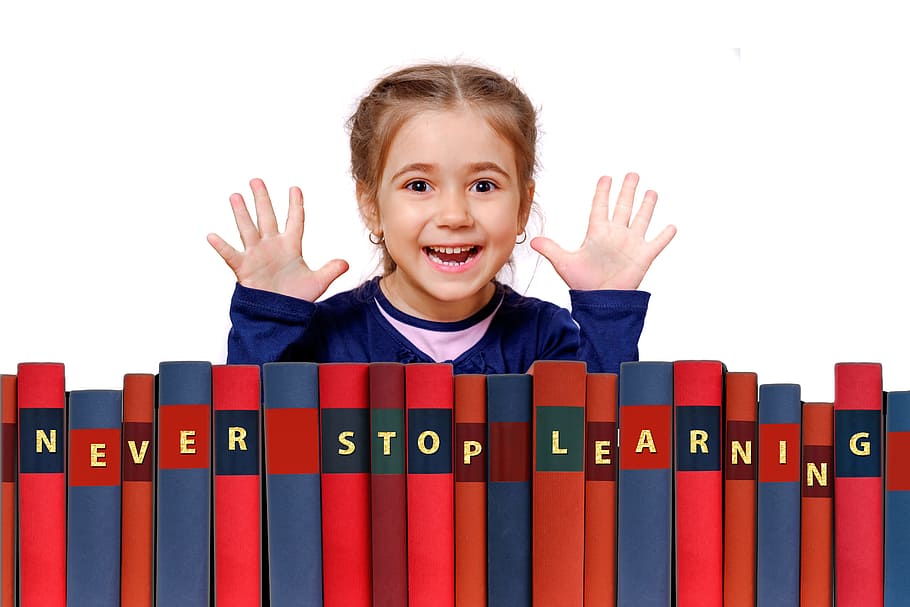 girl, standing, front, row books, learn, school, nursery school, board, sun, kindergarten