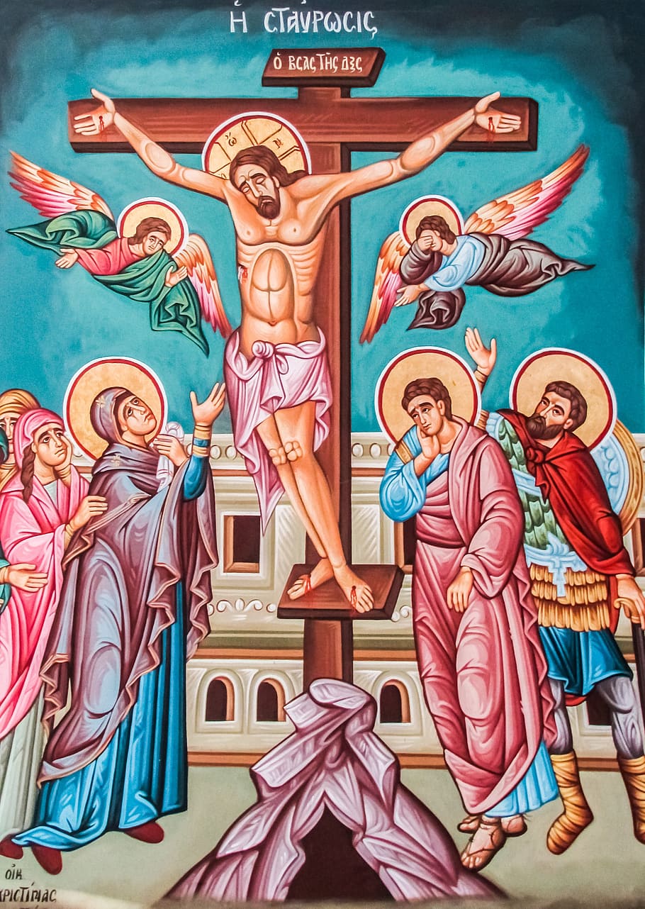 crucifixion, painting, iconography, jesus christ, orthodox, christianity, church, ayia triada, paralimni, cyprus