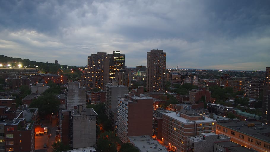 city buildings, lights, daytime, montreal, night, twilight, building exterior, cloud - sky, cityscape, architecture