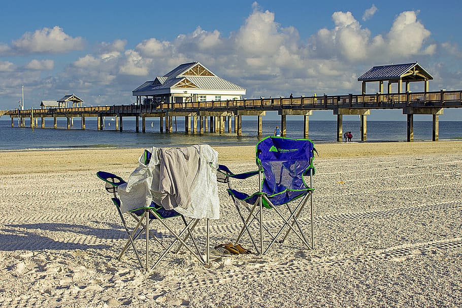 two, blue, folding, armchair, beach, clearwater beach, sea, sunny day, tampa bay, white sand