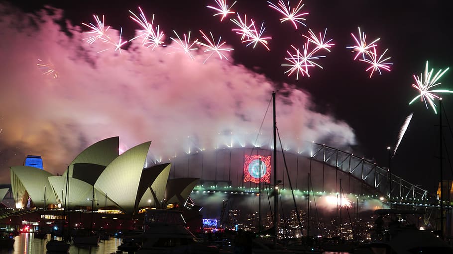 australia, sydney, opera, sylvester, fireworks, harbour bridge, night, illuminated, firework, firework display