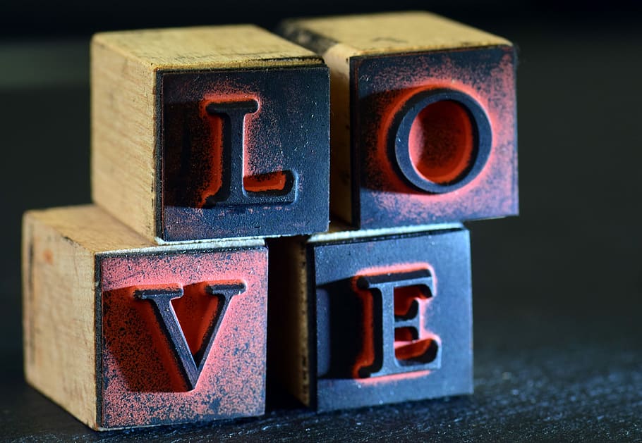 negro, rojo, decoración de bloques de amor, amor, sello, antiguo, usado, cubo, letras, apilados