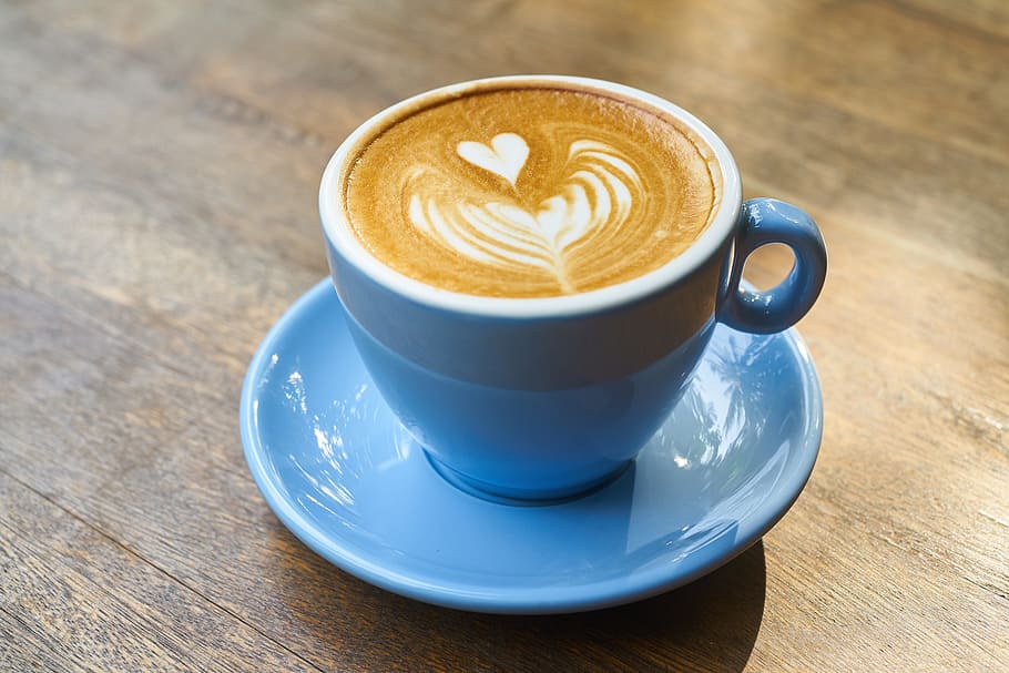 coffee latte, ceramic, mug, saucer, Beverage, Coffee Cup, coffee, cup, food photo, nutrition