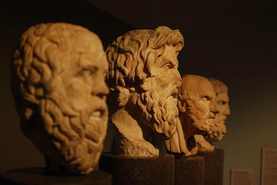 foto, cuatro, bustos de hombres, bustos, filsofia, aristóteles, filósofos, griegos, conocimiento, filosofía