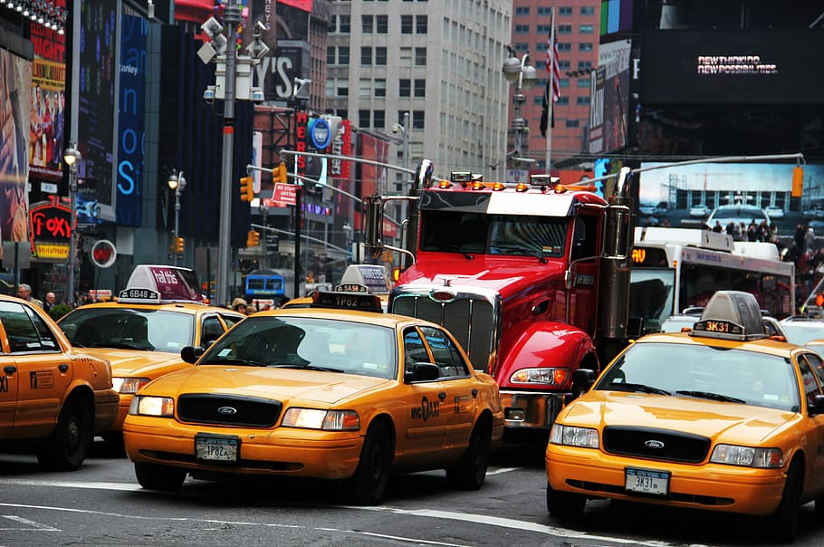 New York Times Square, New York Times, Times Square, amarillo, taxis, taxis amarillos, Broadway, séptima avenida, Nueva York, EE.UU.