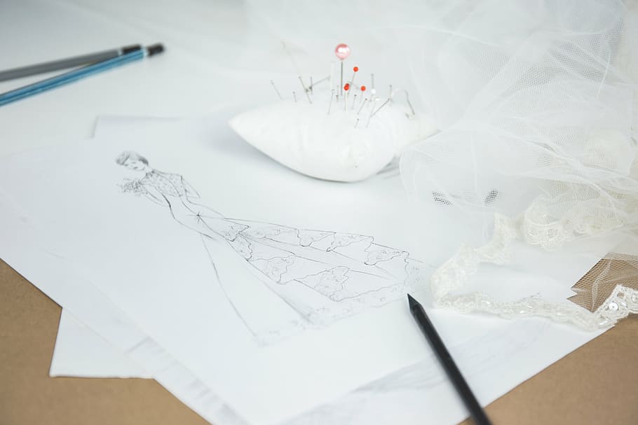 white, pillow, fabric, woman, sketch, paper, wedding, dress, drawing, pencil