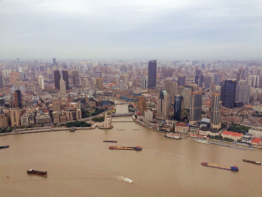 china, shanghai, pearl of the orient, panorama, overlook, cloudy day, huangpu river, building exterior, architecture, built structure