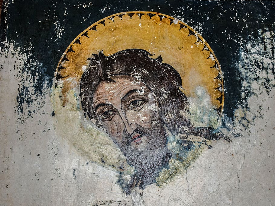 iconography, saint, aged, weathered, damaged, wall, painting, orthodox, christianity, church