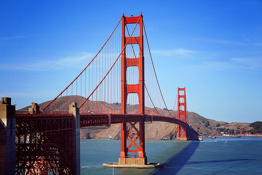 emas, jembatan jembatan, biru, langit, merah, baja, jembatan, siang hari, Jembatan Golden Gate, San Francisco