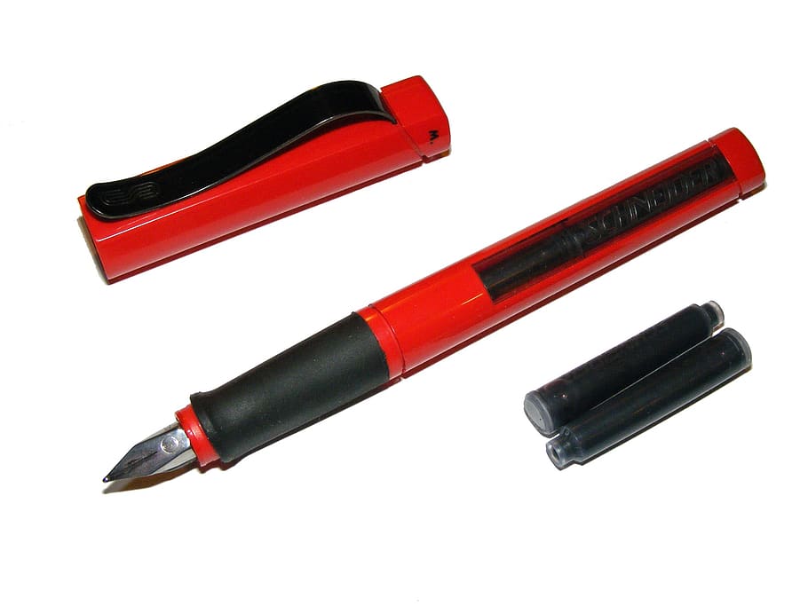 pluma estilográfica, base de schneider, rojo, tinta, bolígrafo, schneider, punta, escritura, escritor, escritura a mano