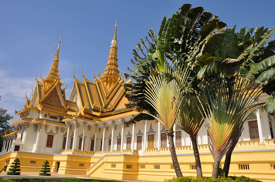 white, yellow, concrete, structure, green, leafed, trees, phnom penh, temple, cambodia