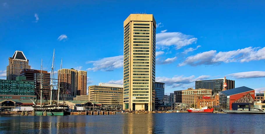 several, buildings, body, water, architecture, city, cityscape, sky, skyline, baltimore