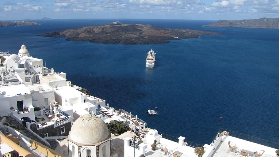Blanco, barco, ir, isla, Grecia, Santorini, vista al mar, agua, mar, océano