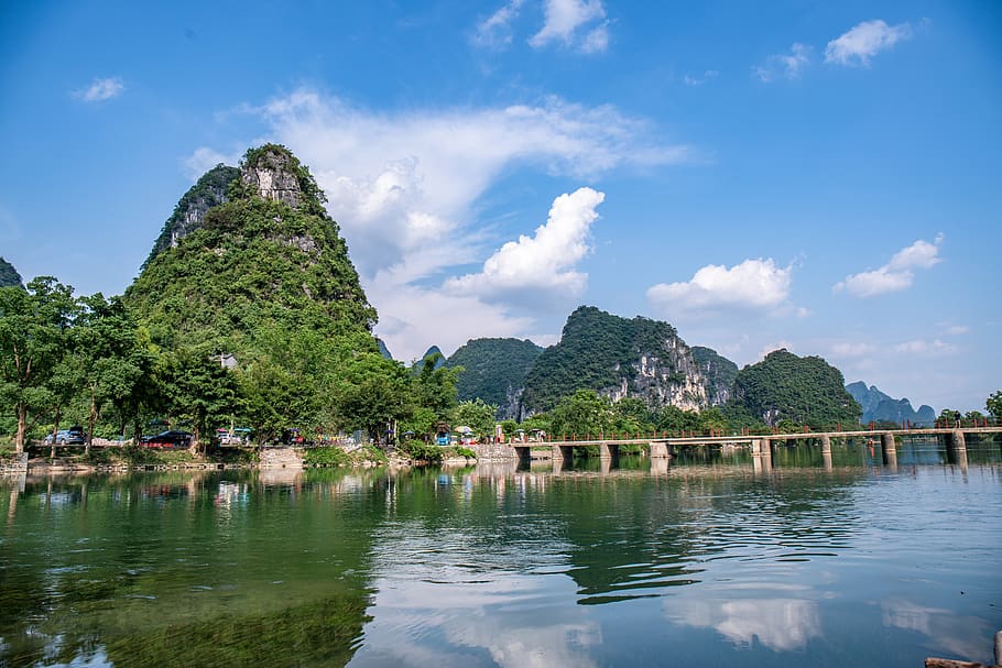 china, guilin, yangshuo, paisagem, rio, rio yulong, jangada de bambu, tração, agua, reflexão