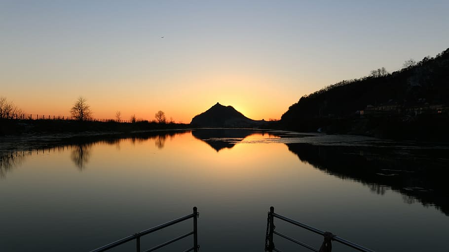 sunset, yalu river, north korea, sky, water, tranquil scene, beauty in nature, scenics - nature, tranquility, reflection