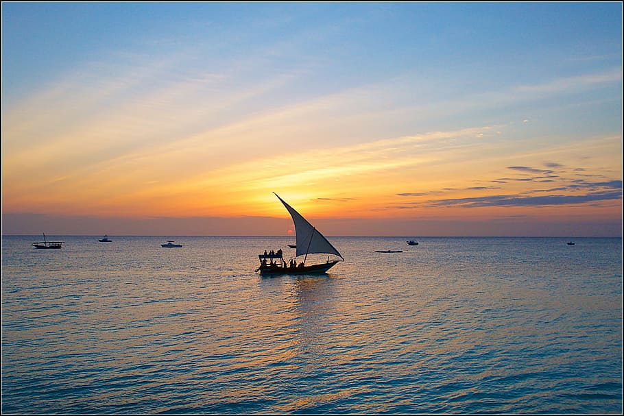 sailboat, body, water, zanzibar, sunset, sail, evening, sea, scenics, horizon over water