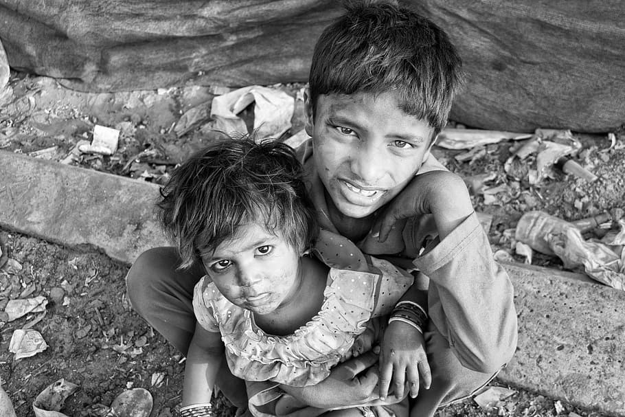 boy, holding, girl, sitting, ground, children, slums, poverty, poor, child
