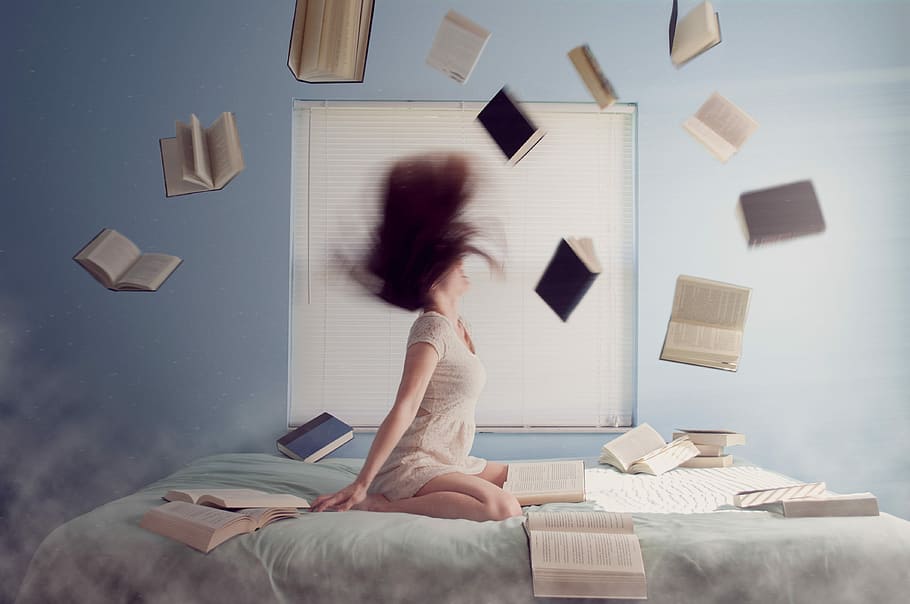 woman, white, dress, throwing, assorted, books, whipping, hair, bed, woman in white